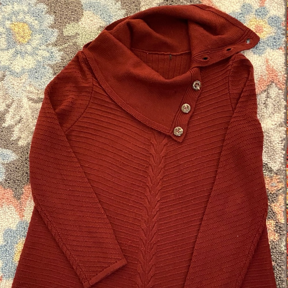 Turtleneck Button Collar Acrylic Sweater - Pullover - Wine - Size - Large
